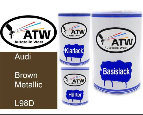 Audi, Brown Metallic, L98D: 500ml Lackdose + 500ml Klarlack + 250ml Härter - Set, von ATW Autoteile West.